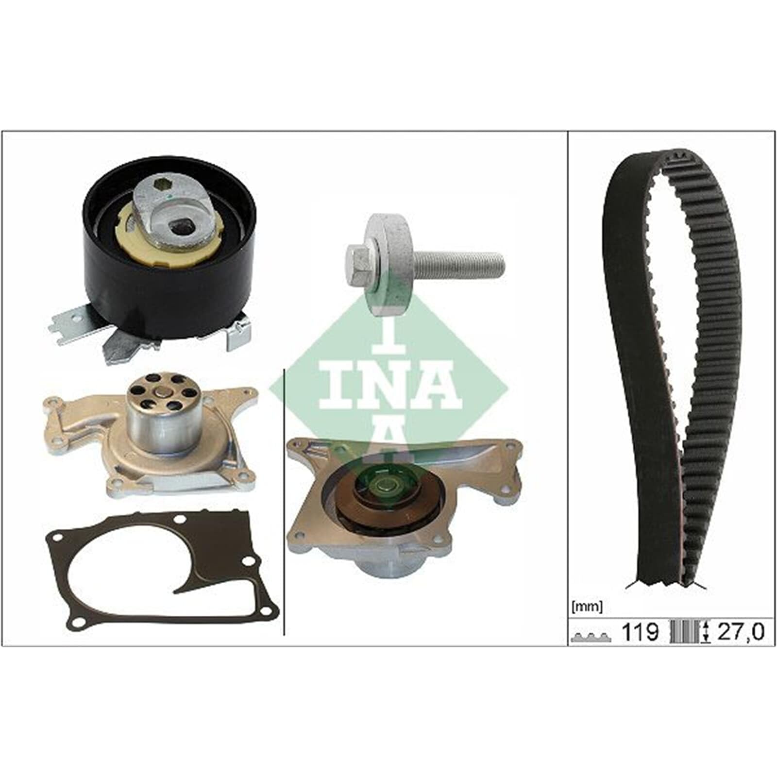INA 530 0843 30 Kit cinghia distribuzione pompa acqua con guarnizione Compatibilità con RENAULT KANGOO Express FW0/1 Clio 5 Hatchback BF Megane 4 Hatchback B9A/M/N, DACIA SANDERO II, NISSAN | Compatibile con: DACIA DOKKER Express Kasten/Großraumlimousine,