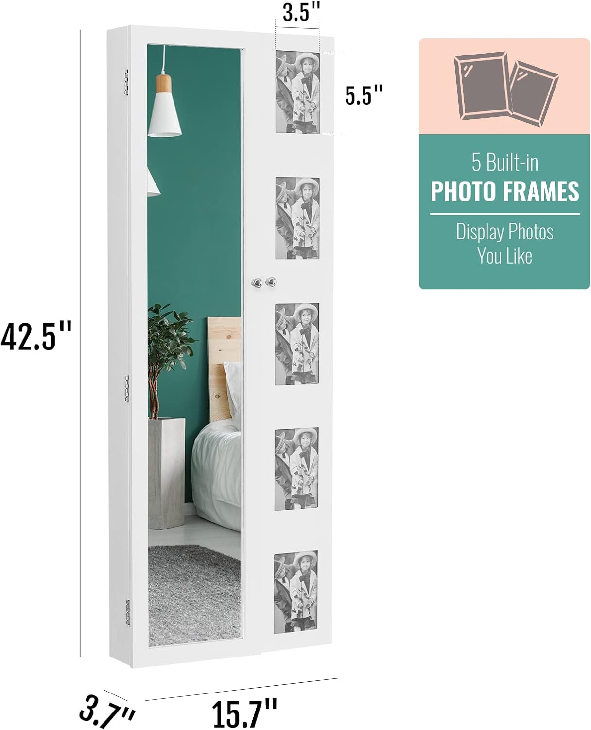 Jewelry Armoire Wall Door Mounted, Jewelry Cabinet with Non Full Length Mirror&Photo Frame, Jewelry Organizer Box, Multi-Layer Mirror with Jewelry Storage,White