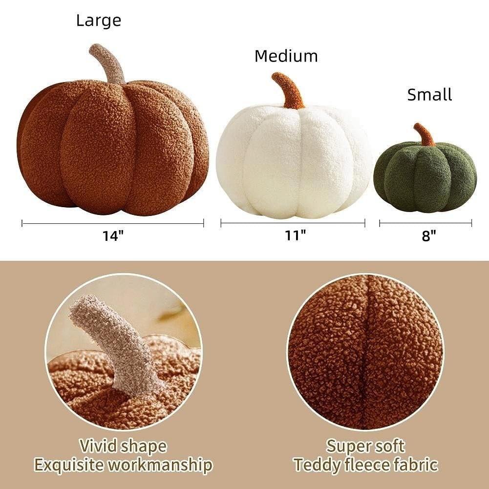 Srutirbo Teddy Fleece Pumpkin Throw Pillows Cute 3D Shaped Cushion Halloween Home Decoration (8in+11in+14 in, White+Green+Brown)