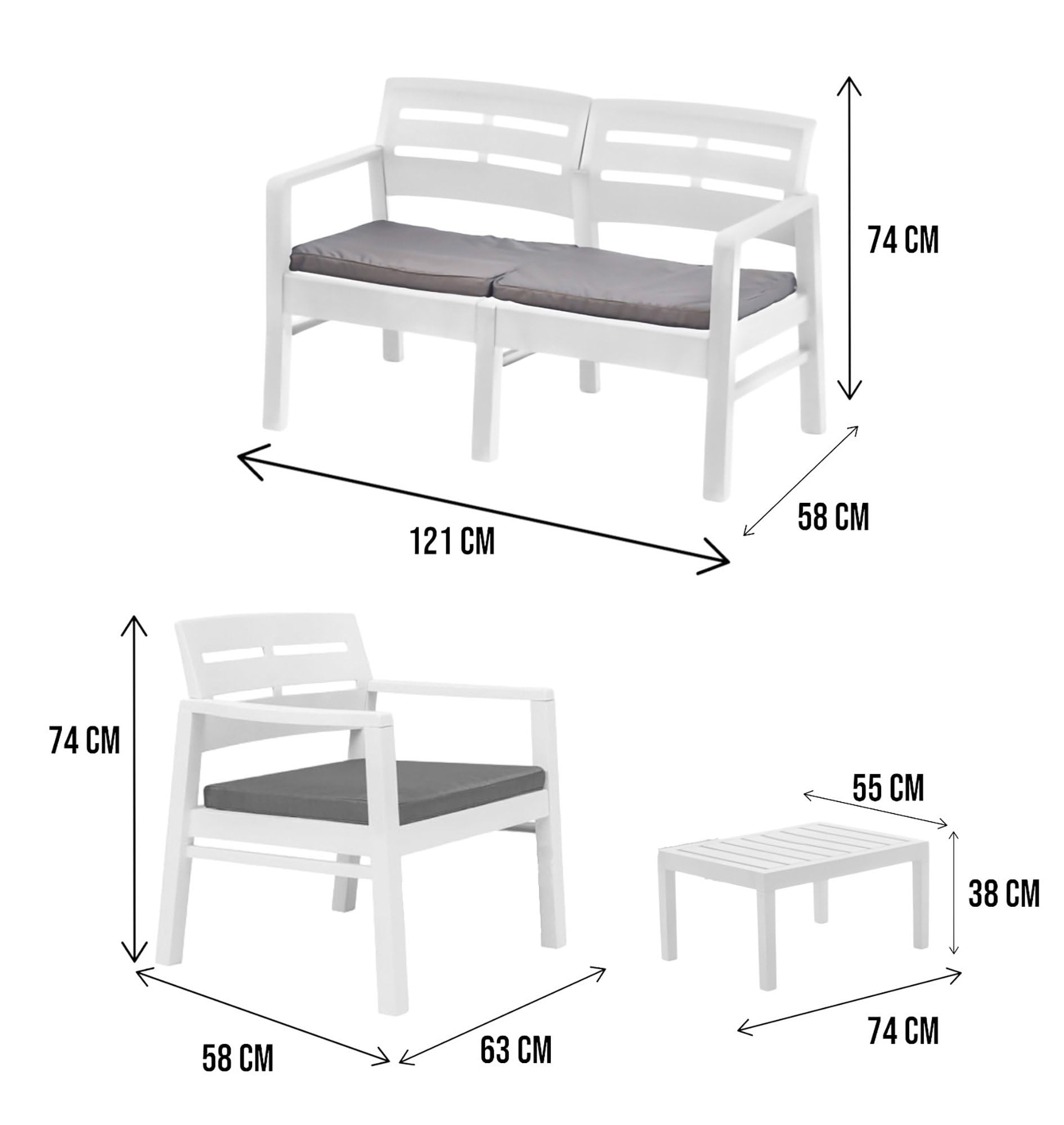 Dmora Set Salotto da Esterno Massa, Composizione da Giardino con 2 poltrone, 1 Divano ed 1 tavolino, Salottino Indoor e Outdoor con Cuscini, 100% Made in Italy, Bianco, Medio
