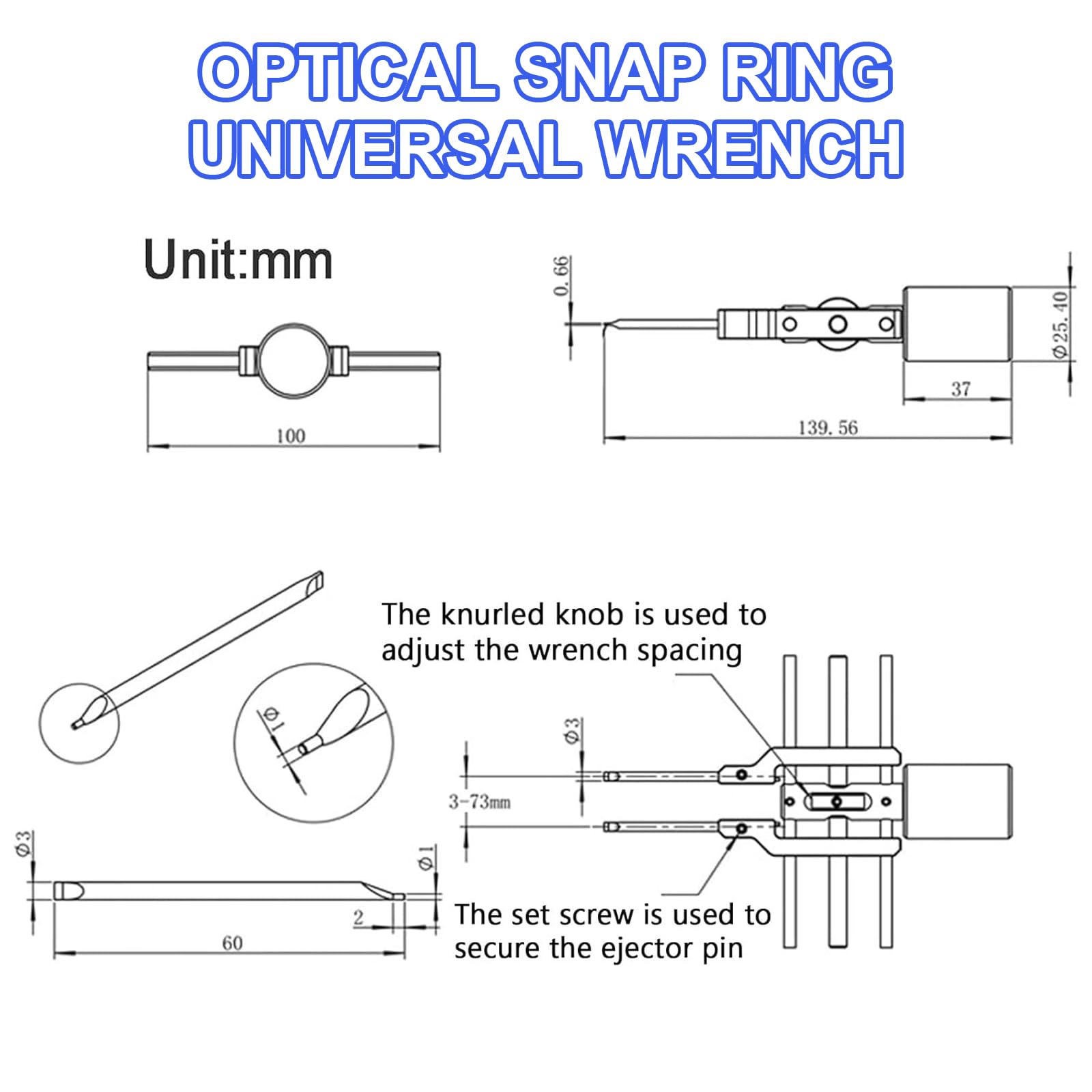 Alicates de anillo a presión ajustables, llave óptica universal de 3 a 73 mm, dedal desmontable de doble extremo, par máximo de 9 N·m para quitar la instalación del anillo de espejo
