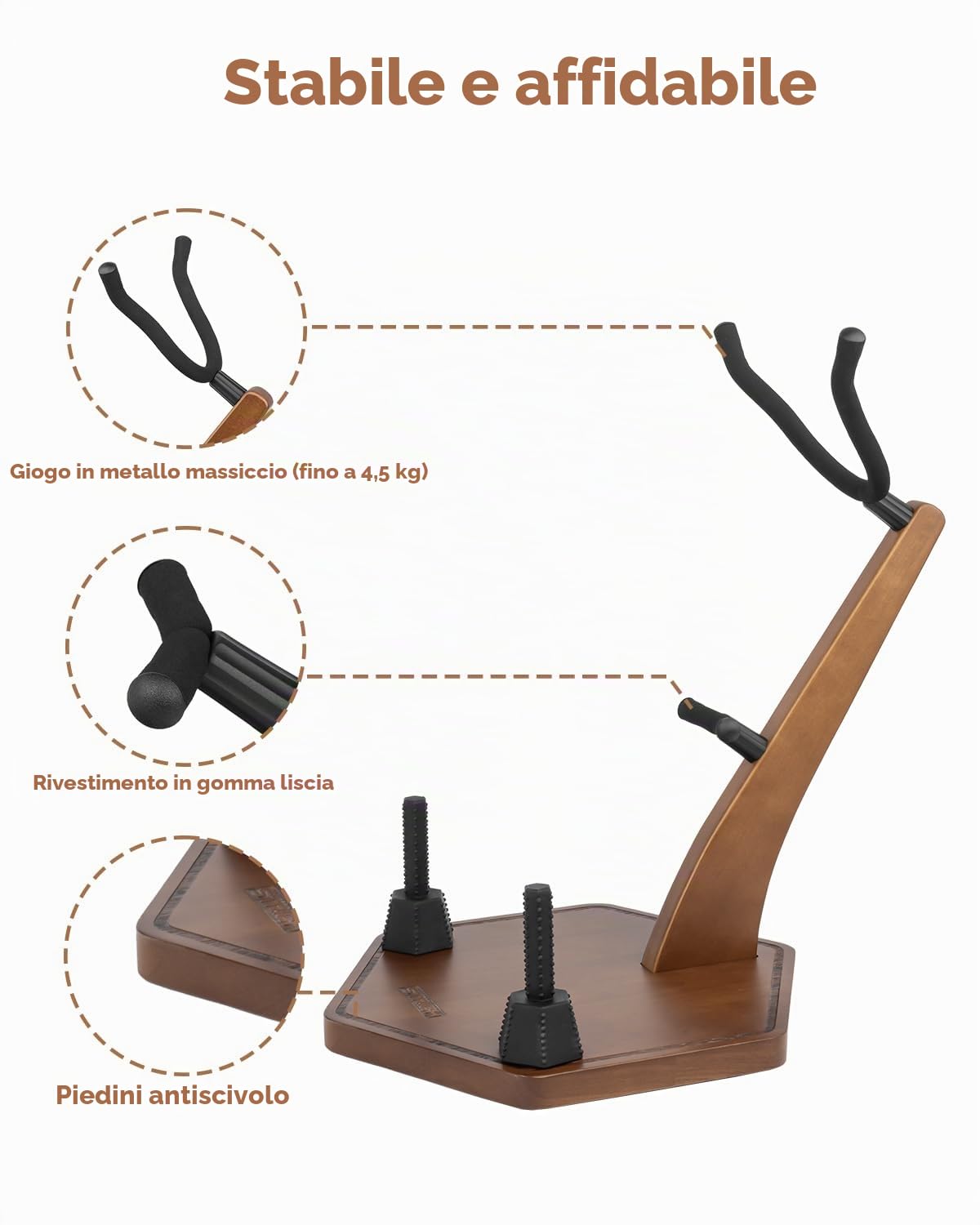 STRICH Supporto in legno per sassofono contralto e tenore realizzato a mano in legno massello color noce, base pesante con 2 supporti per flauto clarinetto