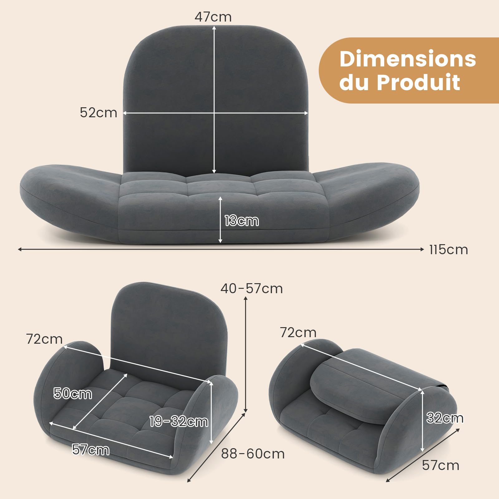 COSTWAY Chaise de Jeu Pliable au Sol pour Adultes, Fauteuil de Relaxation avec Dossier et Accoudoirs Réglables, Fauteuil de Salon Inclinable pour Jeux, Lecture et Méditation, Gris