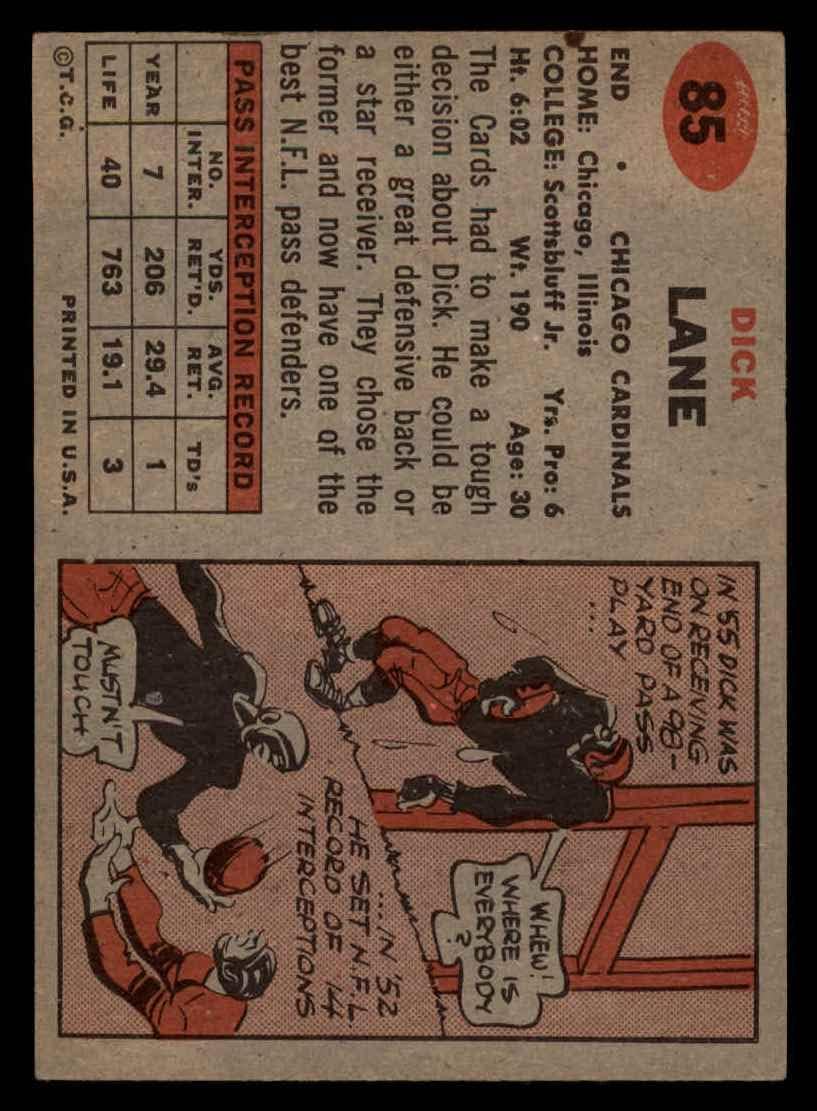 1957 Topps #85 Dick Lane Chicago Cardinals-FB (Football Card) VG Cardinals-FB Western Nebraska