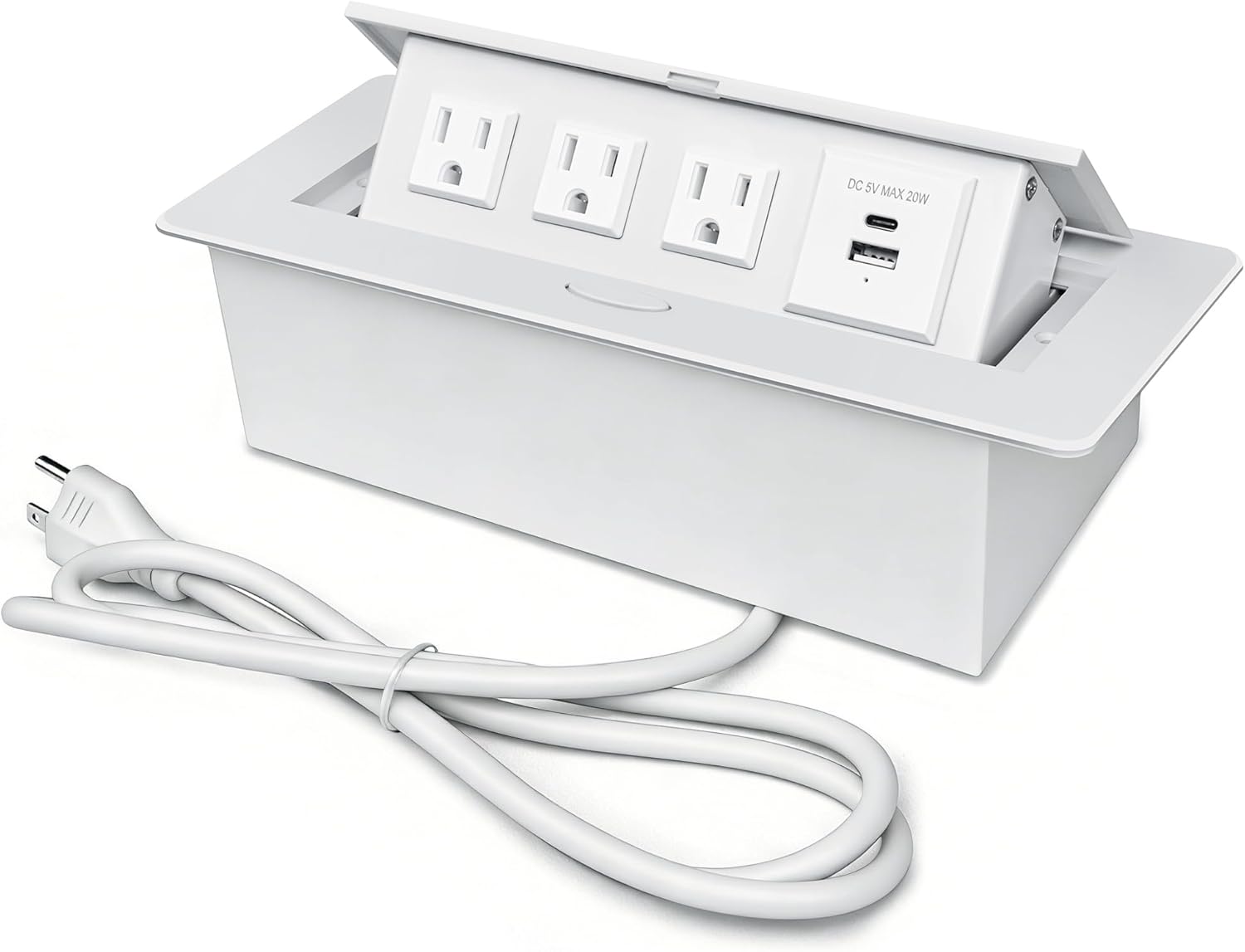 Power Hub for Conference Table PD20W USB-C Fast Charging Pop Up Power Strip with 3AC Outlets Connection Box for Conference Room Kitchen Countertop, White