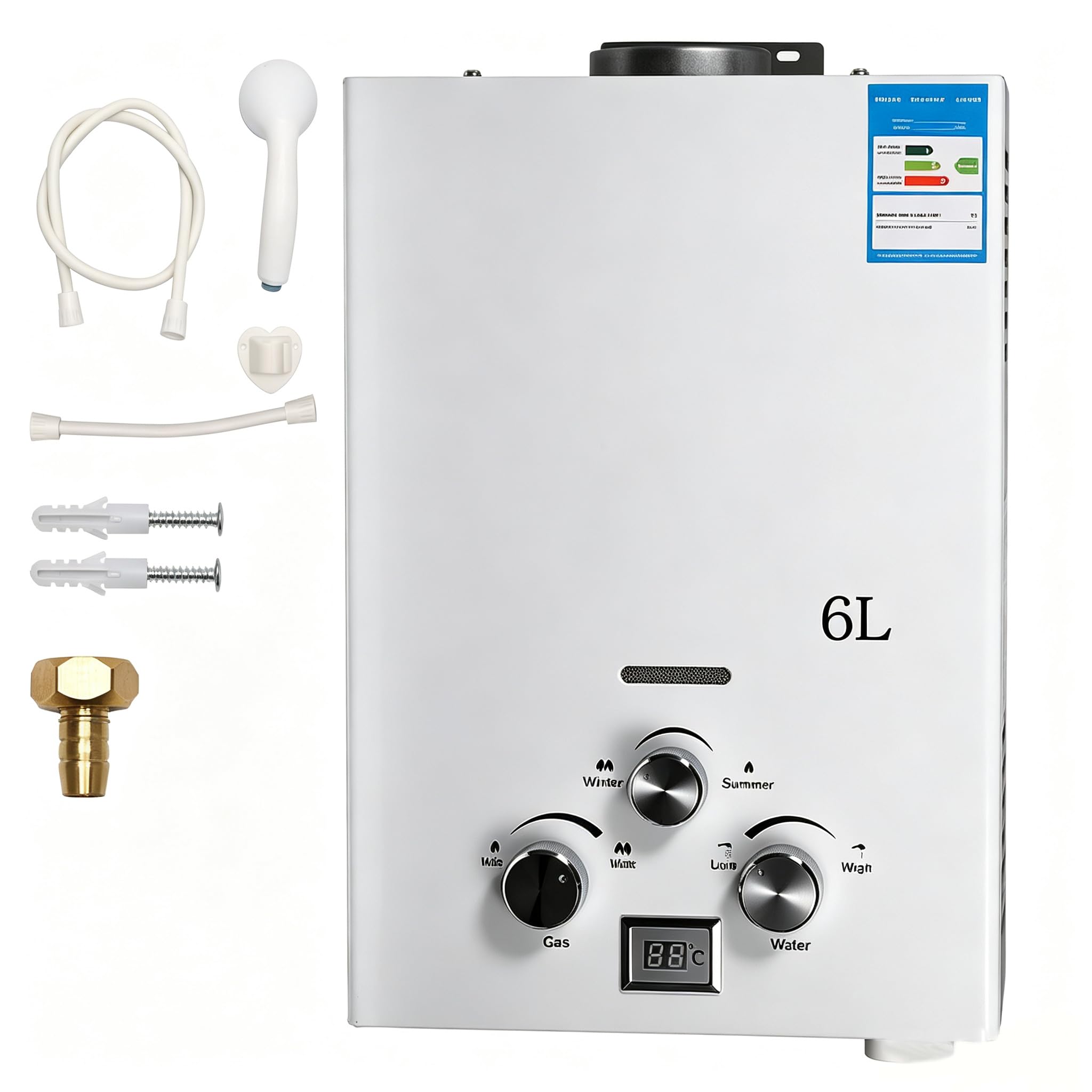 Calentador de Agua de Gas,6 L Calentador de Agua Butano Instantáneo | Pantalla LED,Modo Invierno y Verano Ajustables,2800 Pa,12 KW,Adecuado Para el Hogar, Vehículos Recreativos y Exteriores