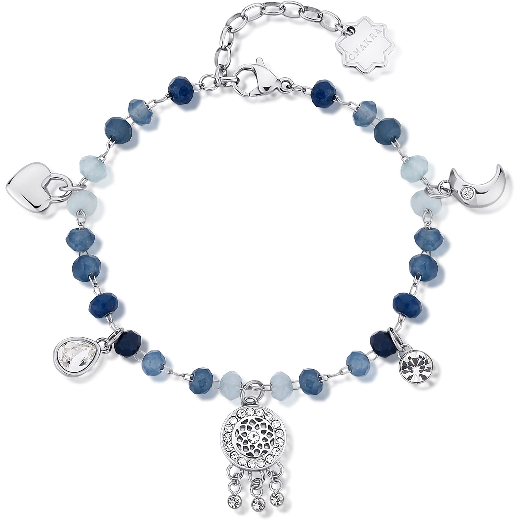 Brosway Bracciale da Donna Collezione Chakra. Gioiello in Acciaio 316L con Finitura in pvd Argento e Cristalli Pendenti. Simboli: acchiappasogni. Misure: 19 cm e 3 g. La referenza è BHKB145