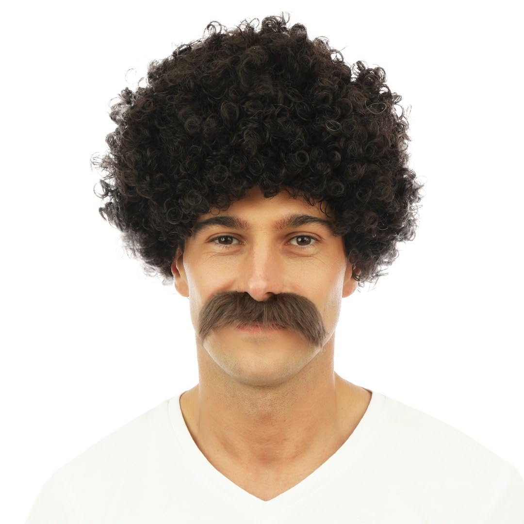 P'tit Clown 81183 Wig and Moustache Lucien  Short Wavy Wig  Brown
