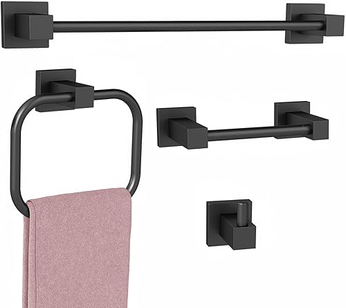 Juego de accesorios de baño negro mate, juego de 4 piezas de accesorios de baño con toalleros para baño, barra de toalla de 16 pulgadas, juego de