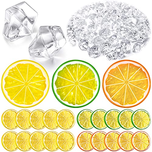 - 300 Pieces Clear Fake Crushed Ice Cubes Rocks and 20 Pieces Simulation Lemon Slices, Artificial Fruits and Acrylic Diamonds Clear Ice for Vase Fillers Table Centerpiece Decor Wedding (1.6 x 0.3 Inch)