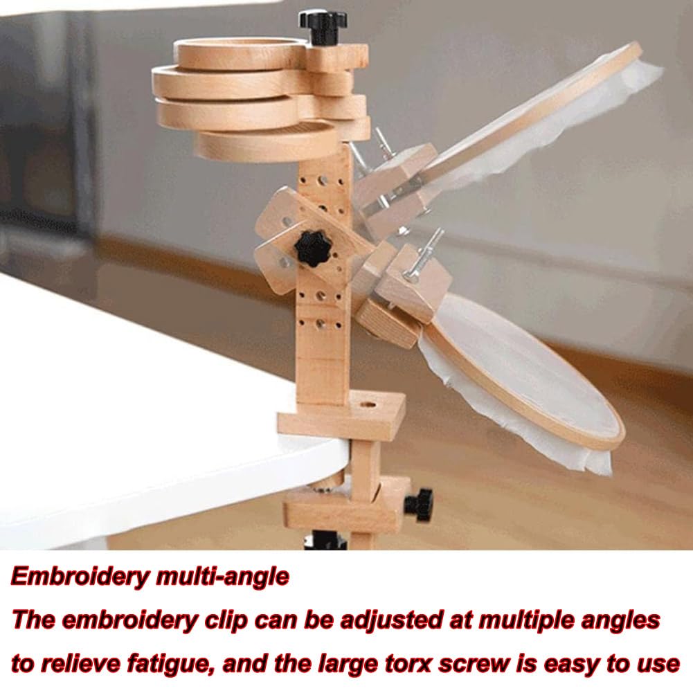 FAXIOAWA Soporte de Madera para Bordado, Soporte Ajustable para Marco de Punto de Cruz, con 4 bandejas giratorias, Clip de Escritorio y Aros de Bordado de 6 Pulgadas para Manualidades y Costura