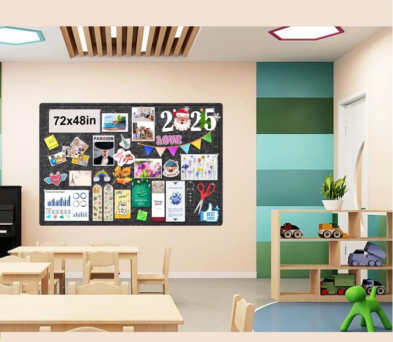 large bulletin board, foldable 72x48 inches cork board alternative, large felt board decorative pin board for wall, foldable photo board self-adhesive vision board with 36 pushpins dark gray