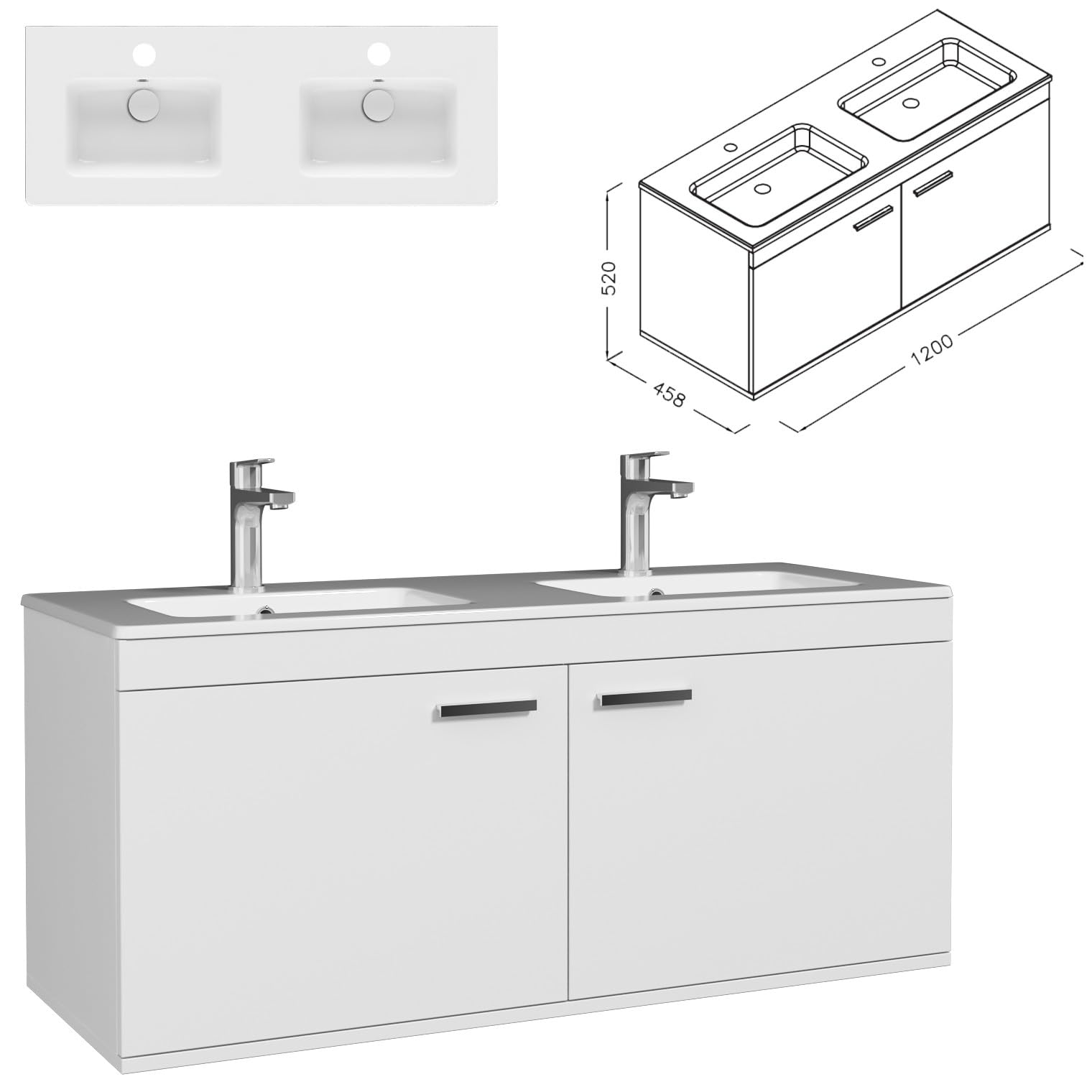SANIVERRE RUBITE Meuble Salle de Bain Double Vasque 2 Portes Blanc Largeur 120 cm