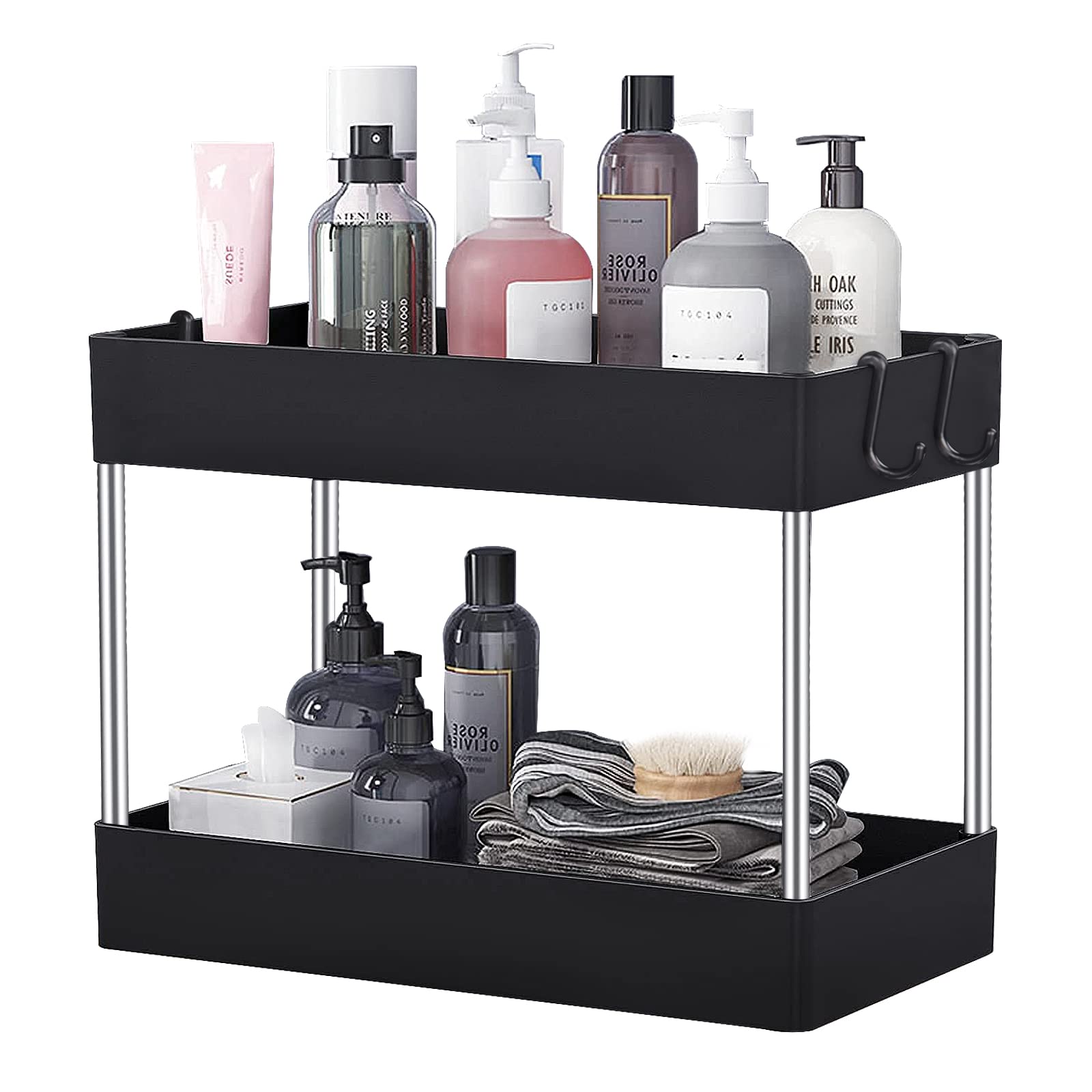 Under Sink Organizer and Storage, LGHIESO Under Bathroom Sink Shelf Organizer Rack, Under Bath Sink Collection Baskets with Hooks, Ideal for Room, Office, Kitchen, Bathroom (Black, 2-Tier)