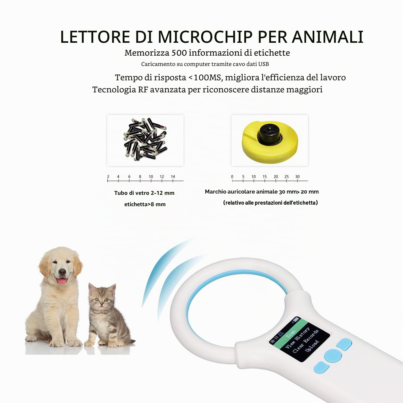 banapoy Lettore di microchip per animali domestici, 500 archivio dati per gatti e cani, lettore di chip ID RFID senza fili per EMID FDX B, lettore di marchi con schermo per mucca, pecora