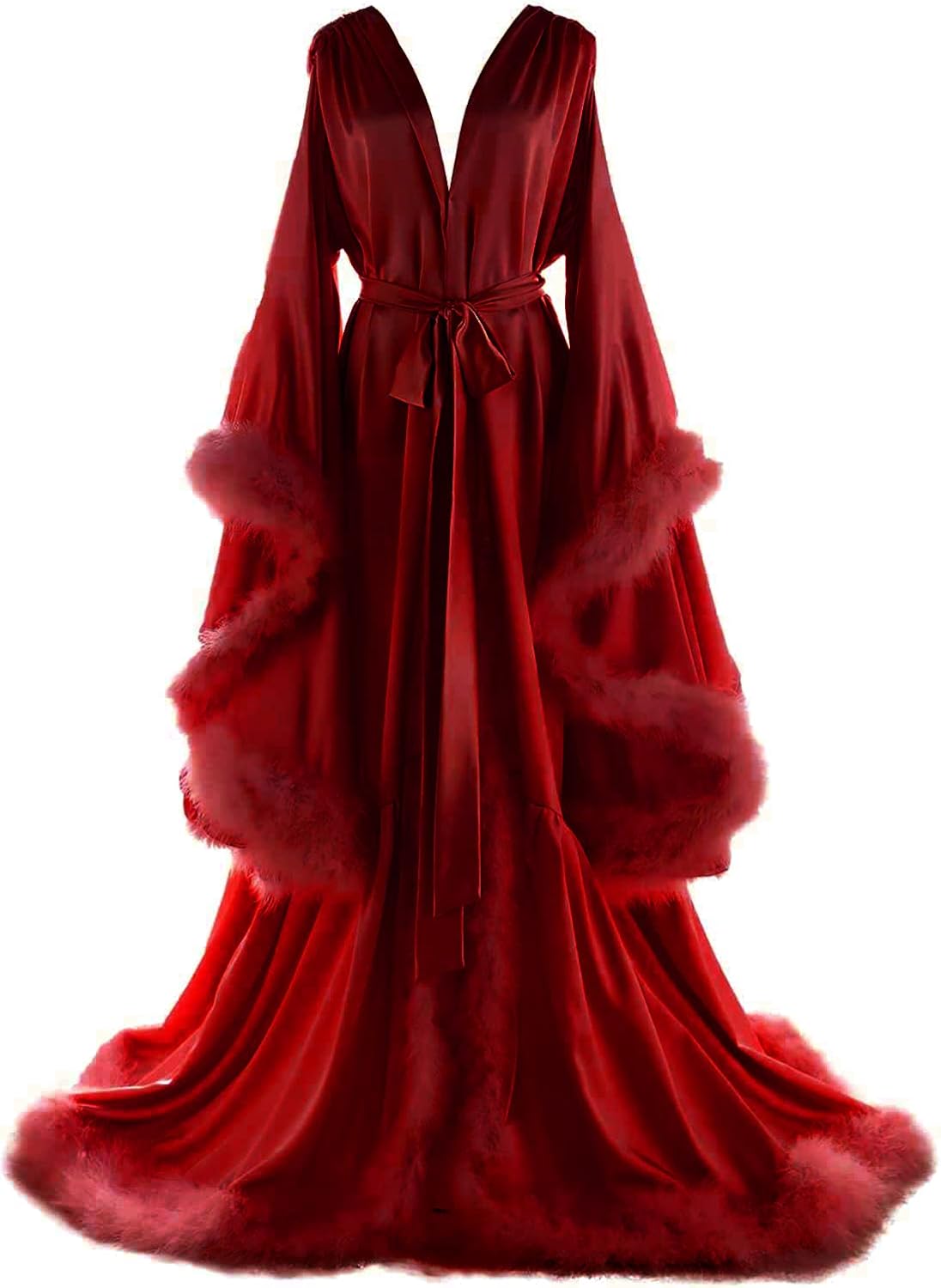 Daily Life Mall Women's Feather Bridal Robes Old Hollywood Maternity Photoshoot Nightgown Silk Bathrobe Long Lingerie