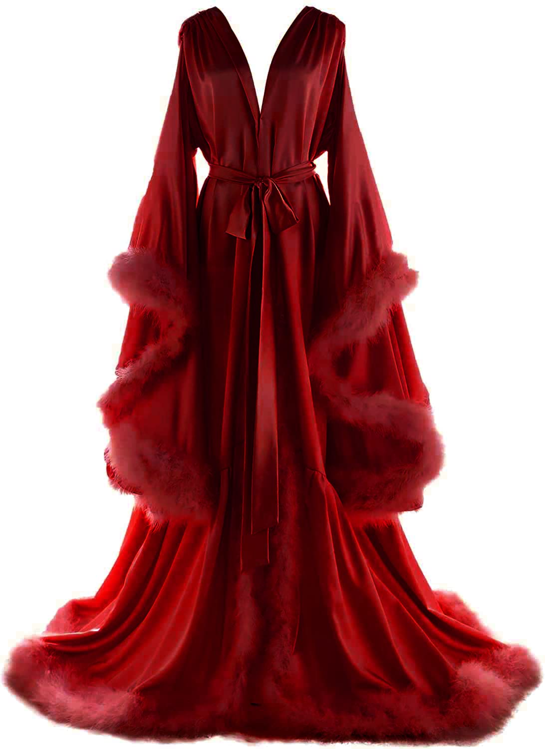 Women's Feather Robe Old Hollywood Maternity Photoshoot Nightgown Silk Bathrobe Long Lingerie