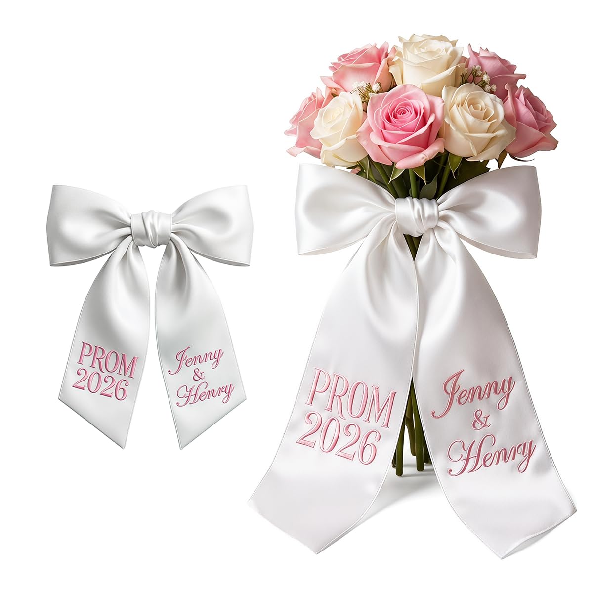 Custom Prom Bouquet Sash with Name - Personalized Graduation Bouquet Ribbon 2026, Monogram Keepsake Sash, Embroidered Silk Bow, Flower Ribbon Bow for Homecoming,Wedding,Recitals,Senior Night Gift