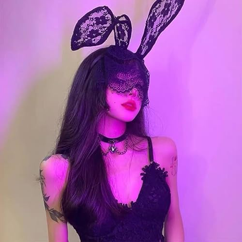 Miniatura 4 de Diadema de encaje con orejas de conejo, velo negro, diadema para el pelo para discotecas, Pascua, día de la madre, Navidad, accesorios de decoración