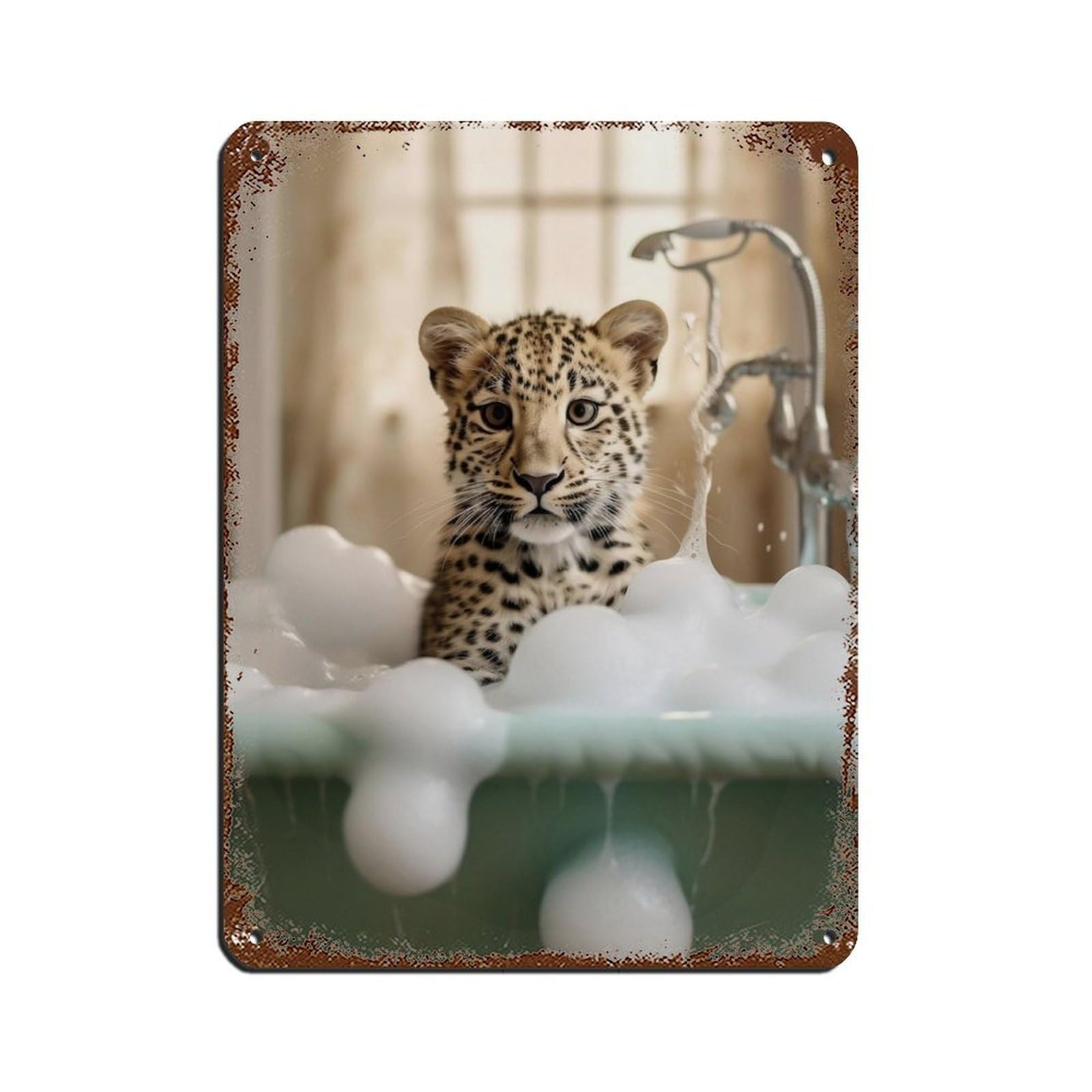 Adorable Baby Leopard in Tub Poster Retro Poster Metal Tin Sign Chic Art Retro Iron Painting Bar People Cave Cafe Family Garage Poster Wall Decoration 12x16inch(30x40cm)