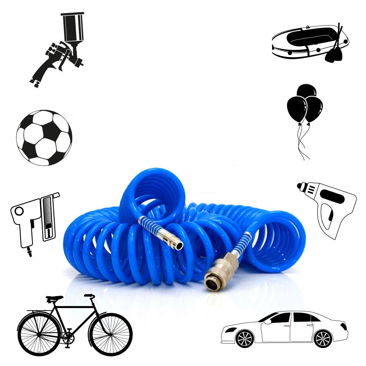 Tubo Aria Compressa Spirale 20 Metri Ø12x8 mm Blu – Flessibile e Resistente 150PSI – Con Raccordi Rapidi 1/4" Maschio/Femmina – Tubo per Compressore e Pistole ad Aria