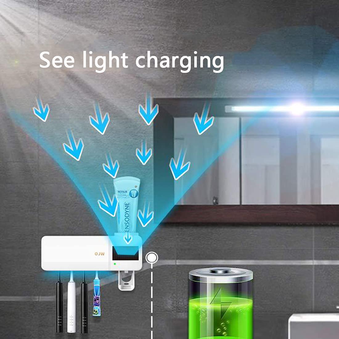 Dispensador automático de Pasta de Dientes Soporte para Cepillo de Dientes eléctrico Esterilizador de Cepillo de Dientes con luz Ultravioleta de Carga Solar montado en la Pared para baño(Blanco)