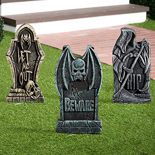 Image of JOYIN 17 inch Halloween Decorations Outdoor Tombstones, 5 Pack Halloween Foam Graveyard Headstone Decorations with 12 Bonus Metal Stakes for Yard Lawn Outside Decor