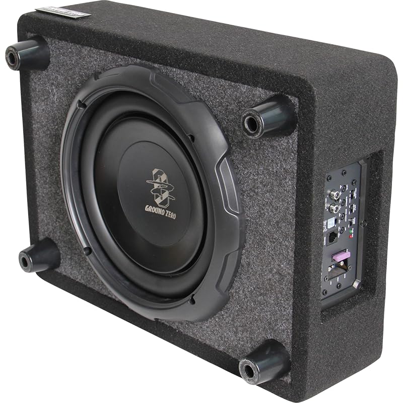 Ground Zero GZCS 25SUB-ACT Aktiv-Gehäusesubwoofer, 25 cm, 320/430 Watt, 50-150 Hz, 9-16 Volt, Downfire, Holz