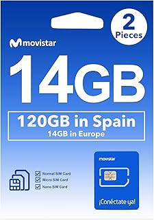 Movistar Europe Prepaid SIM Card - 14GB Datas in UK and Europe, 120GB and 400 Minutes Calls in Spain, Europe SIM Card for iPhone and Android, Supported Hotspot, Standard/Micro/Nano- 2 Pieces