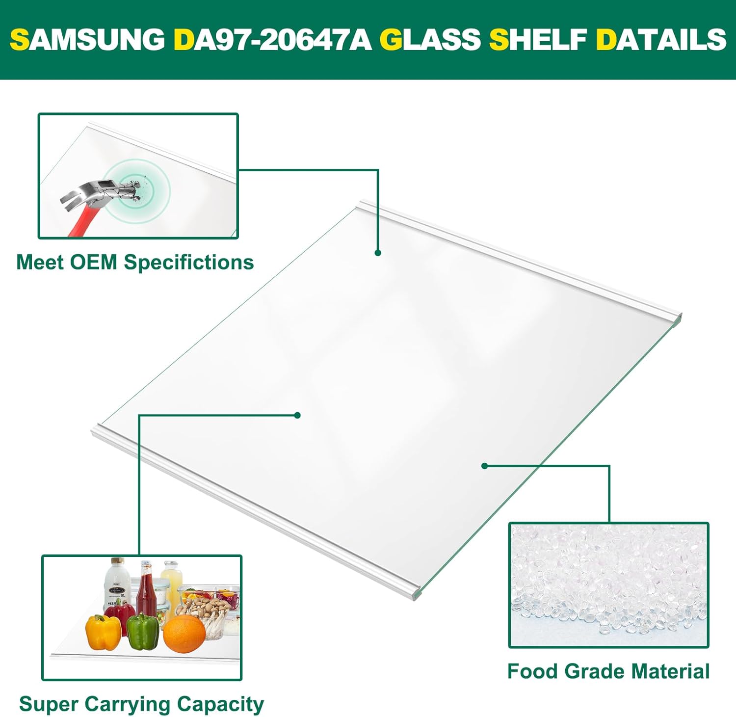 Upgraded DA97-20647A Refrigerator Glass Shelf Replacement Compatible with Samsung Fridge Upper Glass,Tempered Glass Shelf Parts RS27T5201SR/AA, RS27T5200SR/AA, RS27T5200SG/AA, RS27T5561SR/AA