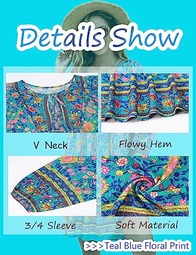 Image of Bluetime Women Casual Summer Dress Boho V Neck 3 /4 Sleeve Babydoll Floral Print Flowy Beach Dress