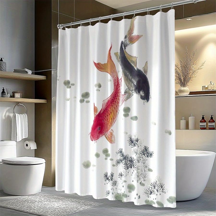 Traditioneller japanischer Duschvorhang mit Koi-Karpfen und Seerosen, wasserdichter Stoff-Badezimmervorhang, Badewannenabtrennung, Badewannendekoration (250 x 220 cm/B x H)
