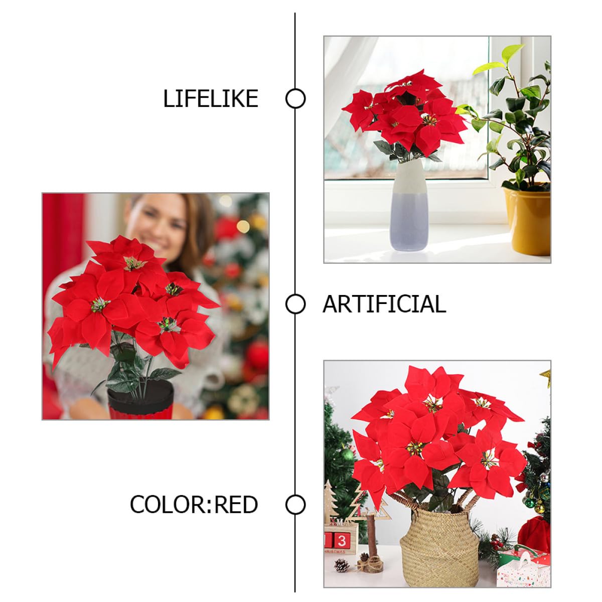 Künstlicher Weihnachtsstern 4 Stück mit 7 Köpfen Realistische Kunststoffpflanze für Weihnachtsdekoration Innen und Außen Langlebiger Poinsettia Strauß für Wohn und Arbeitsräume