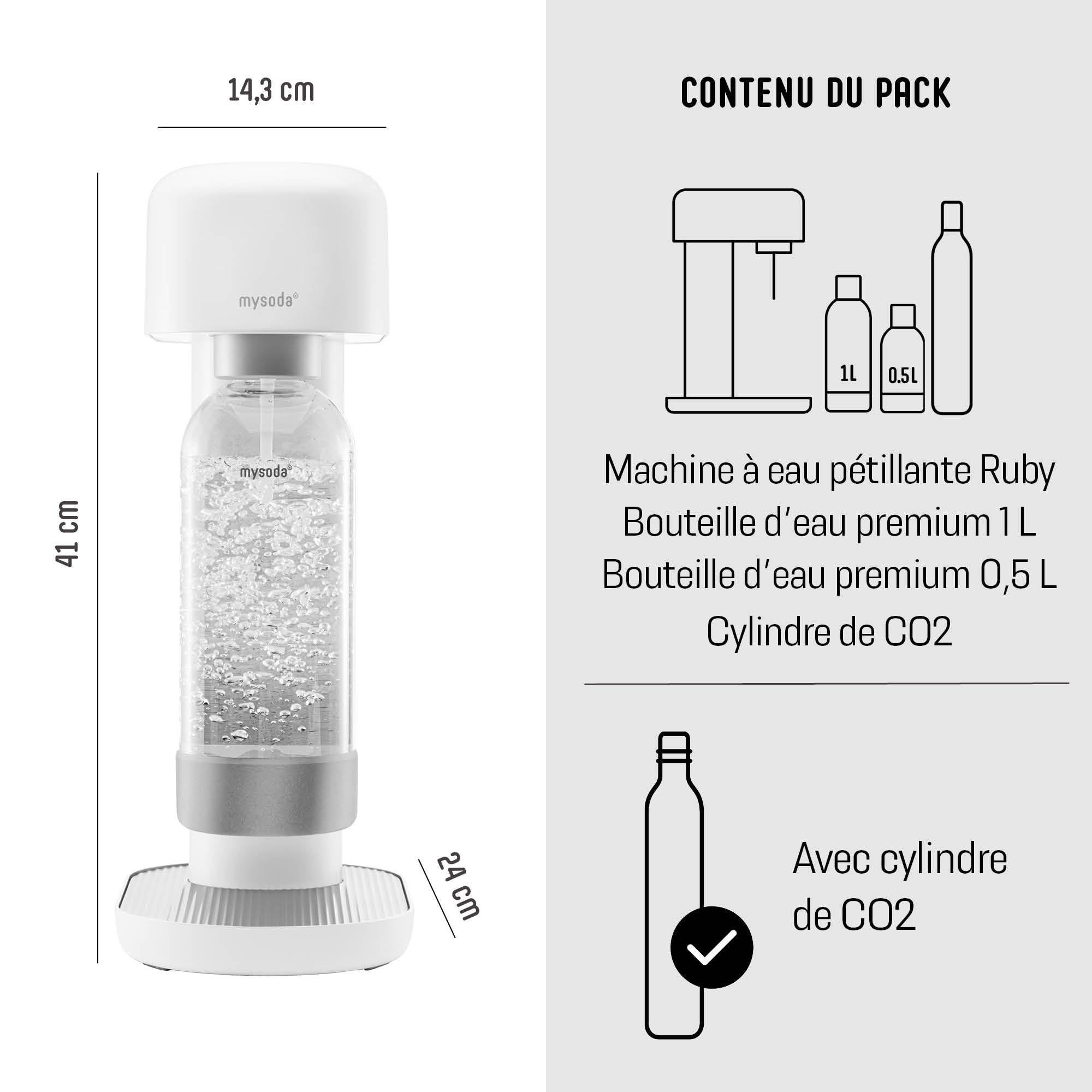 Mysoda Pack Ruby - Machine à eau pétillante avec 2 bouteilles d'eau en PET et une cylindre de CO2 - Blanc