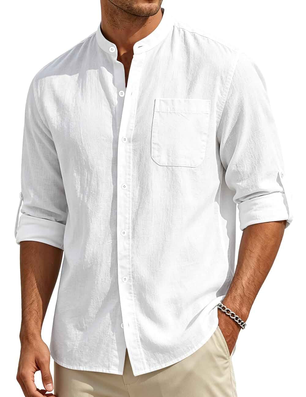 Men's Cotton Linen Shirt Long Sleeve Button Down Loose Fit Shirts Band Collar Beach Casual Top with Pocket