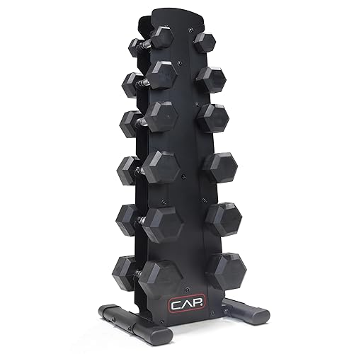 CAP Barbell Rubber Coated Dumbbell Weight Set with Vertical Rack | 100 lb, 150 lb, and 210 lb Options - 210 lb - Set - Black Rack - Chrome Handles