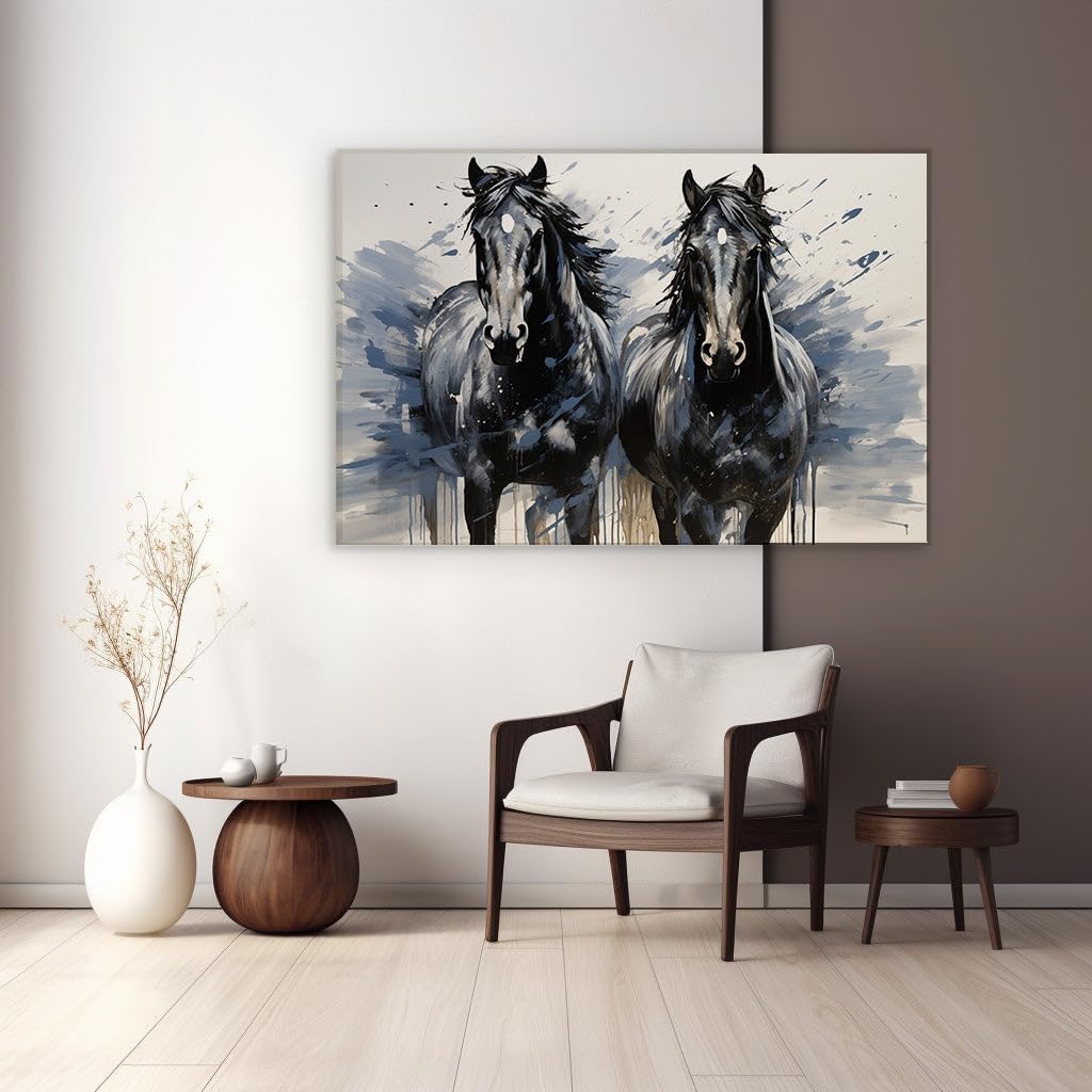 Canvas for Living room. Galloping Grace: Capturing the Dynamic Elegance of Black Horses in Digital Art, 27 x 18 inch Canvas Wall Art - Contemporary Masterpieces - Nature Home Decor