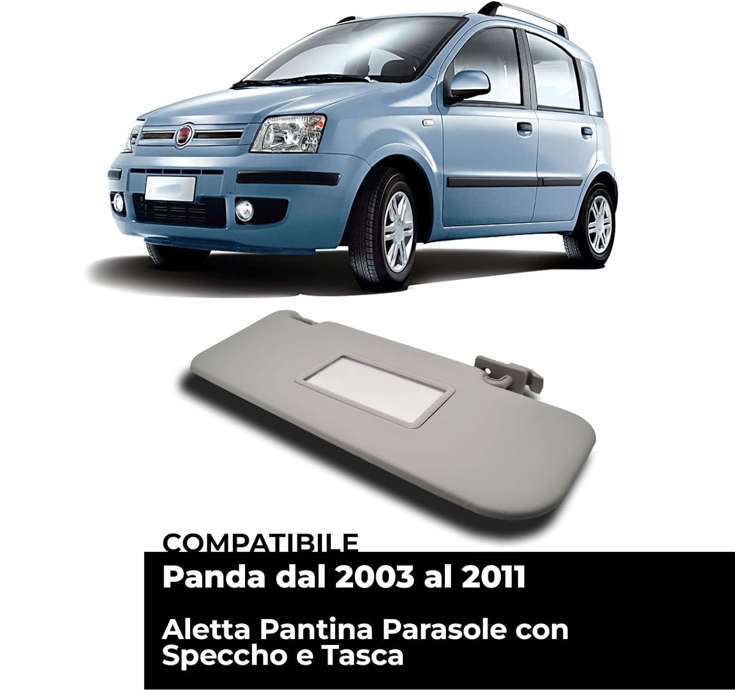 Pantina Aletta Parasole Anteriore per Fiat Panda 169 dal 2003 al 2011 con Specchio e Tasca (Lato Destro Passeggero)