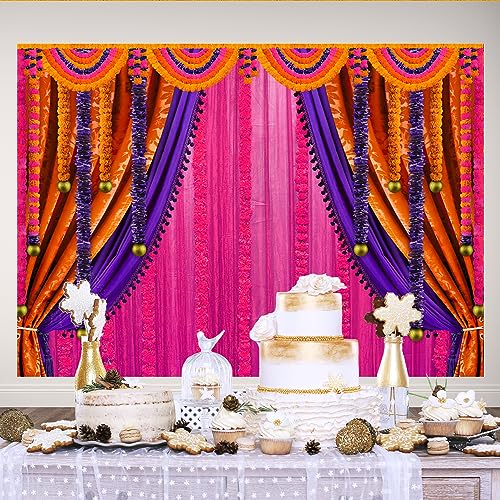 Image of Lofaris Purple India Pooja Photography Backdrop Puja Ganpati Pooja Traditional Mehndi Festival Background Decorations Wedding Party Marigold Garlands Banner Photo Props 7x5ft