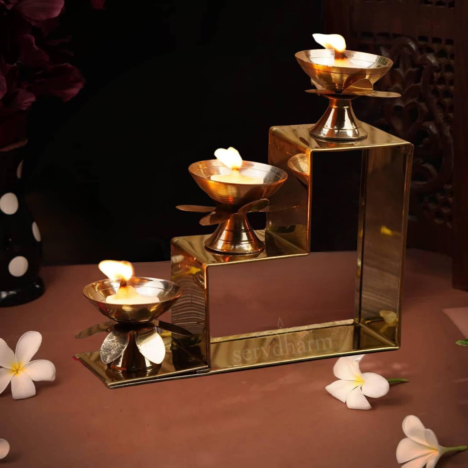 ServDharm 3-Step Brass Standing Diya Oil Lamp for Home Temple Decorative Diya for Pooja & Gifting, 4.9 Inch