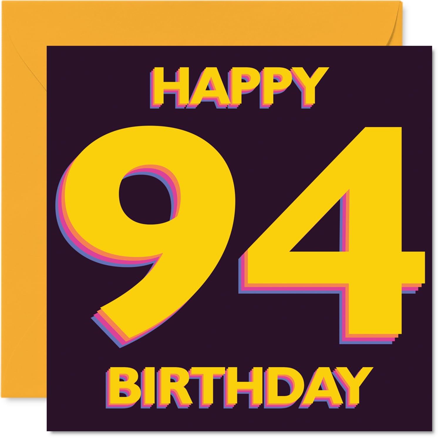 Playful 94th Birthday Card - Vibrant Cheers for 94 Years - Bold Yellow and Purple Design - Perfect for Marking a Special Milestone - 145mm Square, Envelope Included