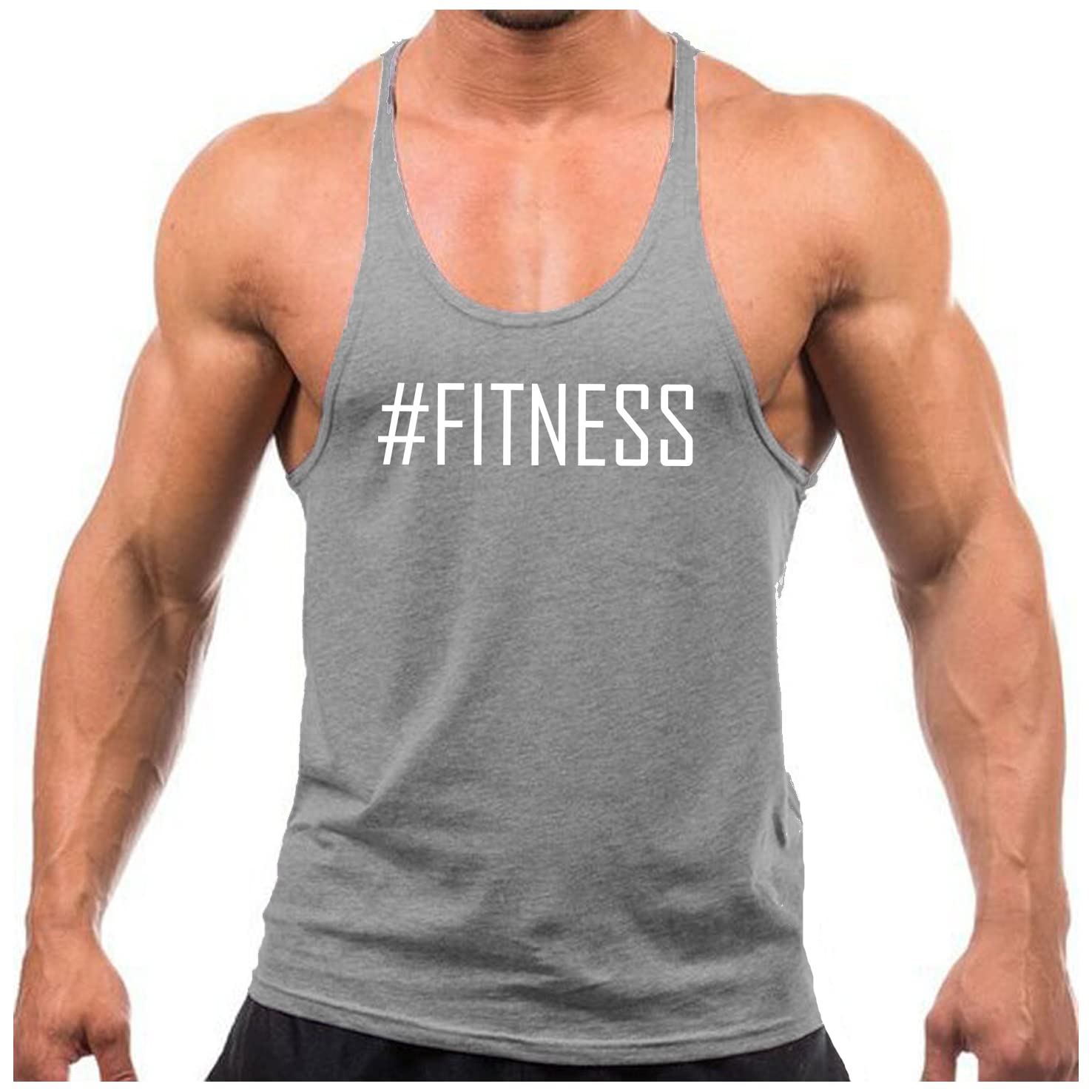 Crown Designs Men's Grey With White Design Fitness Bodybuilding Weight-Training Sports Stringer Vest Top With Y Back Racerback Fit For & Teens - /Large