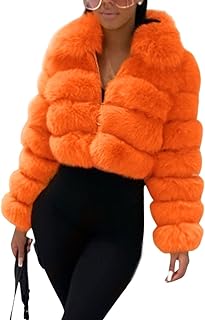 loveimgs Women Fluffy Faux Fur Coat Cropped Jacket Puffer Jacket Zip Up Winter Warm