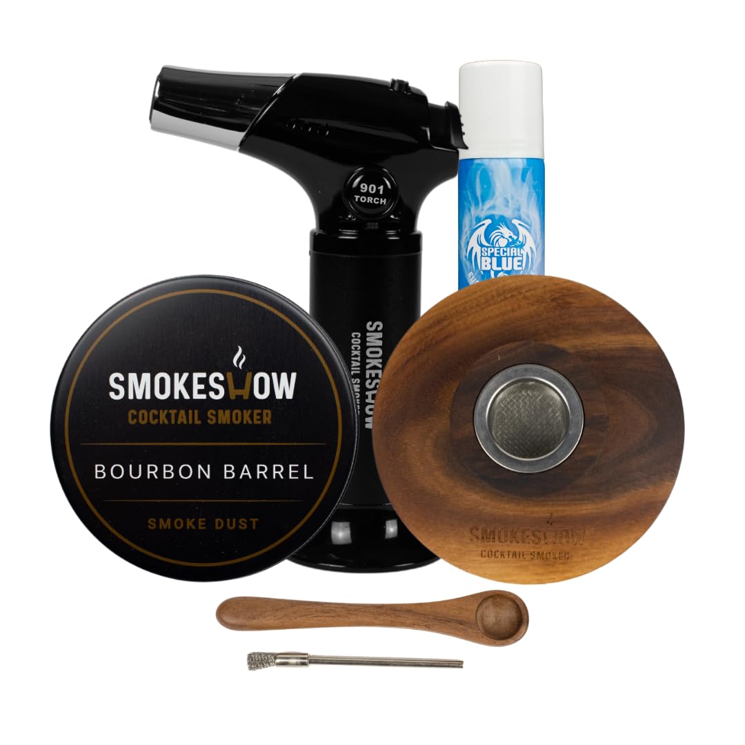 Smokeshow Walnut Wood Cocktail Smoker Kit with Torch & Butane. Six 4 oz. Wood Chips Flavors, Apple, Hickory, Cherry, Bourbon Soaked Oak, Maple & Mesquite. (Bourbon Soaked Oak)
