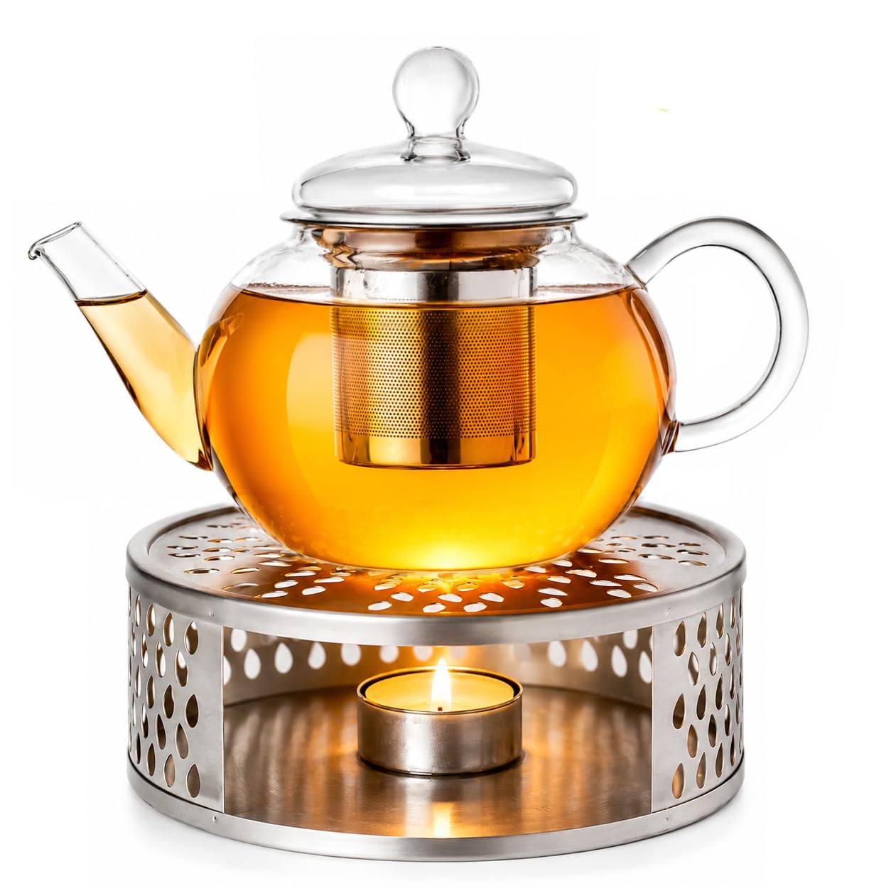 Creano Teekanne aus Glas 0,8l + ein Stövchen aus Edelstahl, 3-teilige Glasteekanne mit integriertem Edelstahl Sieb und Glasdeckel, ideal zur Zubereitung von losen Tees, tropffrei