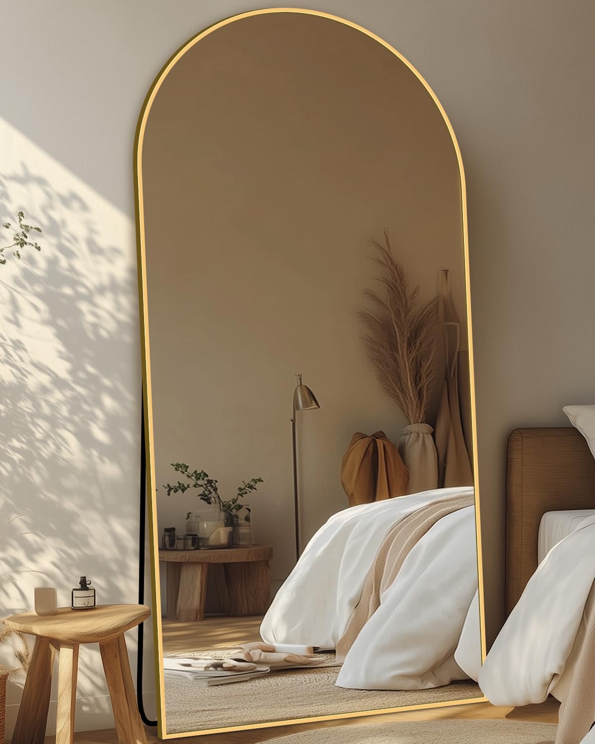 full length mirror with stand, 71"x32" arched full body mirror, large stand up mirrors, aluminum frame floor standing mirrors, freestanding hanging leaning mounted for bedroom living room, gold