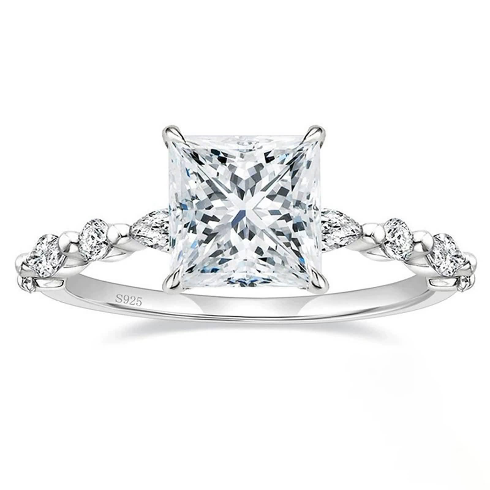 Anello di Fidanzamento Sottile e Delicato con Cubic Zirconia Quadrata da 7MM in Argento Sterling 925 per Donna