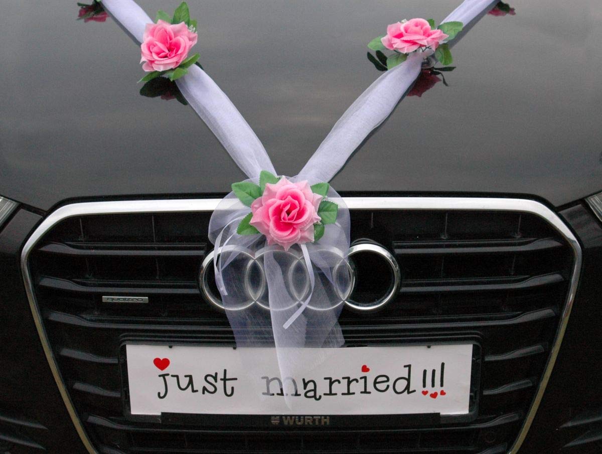 ORGANZA M + HERZEN Braut Paar Rose Deko Dekoration Autoschmuck Hochzeit Car Auto Wedding Deko Ratan Girlande ®Auto-schmuck PKW (Rosa/Weiß/Weiß) - Image 4