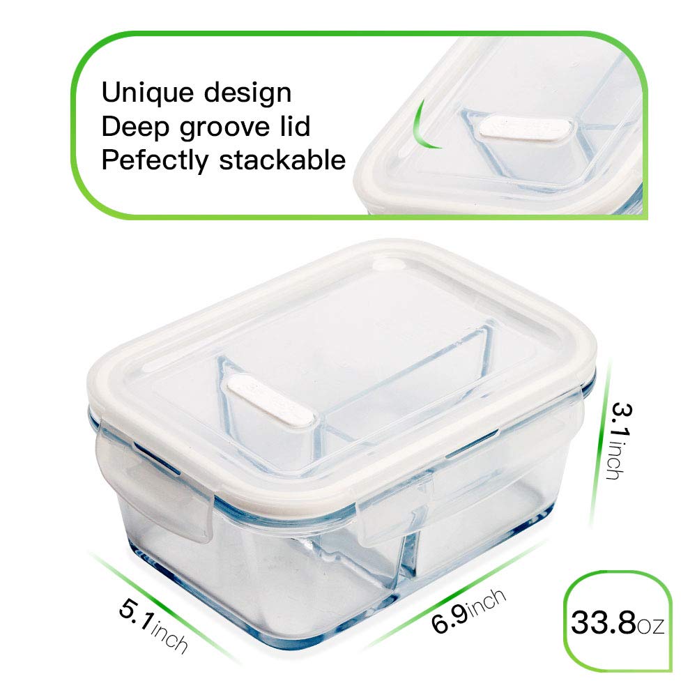 Contenedores de comida de confianza DAS (3 unidades 33.8oz) con bolsa de almuerzo de cristal 3 compartimentos separadores con tapas de bloqueo a prueba de fugas sin BPA apto para horno y microondas