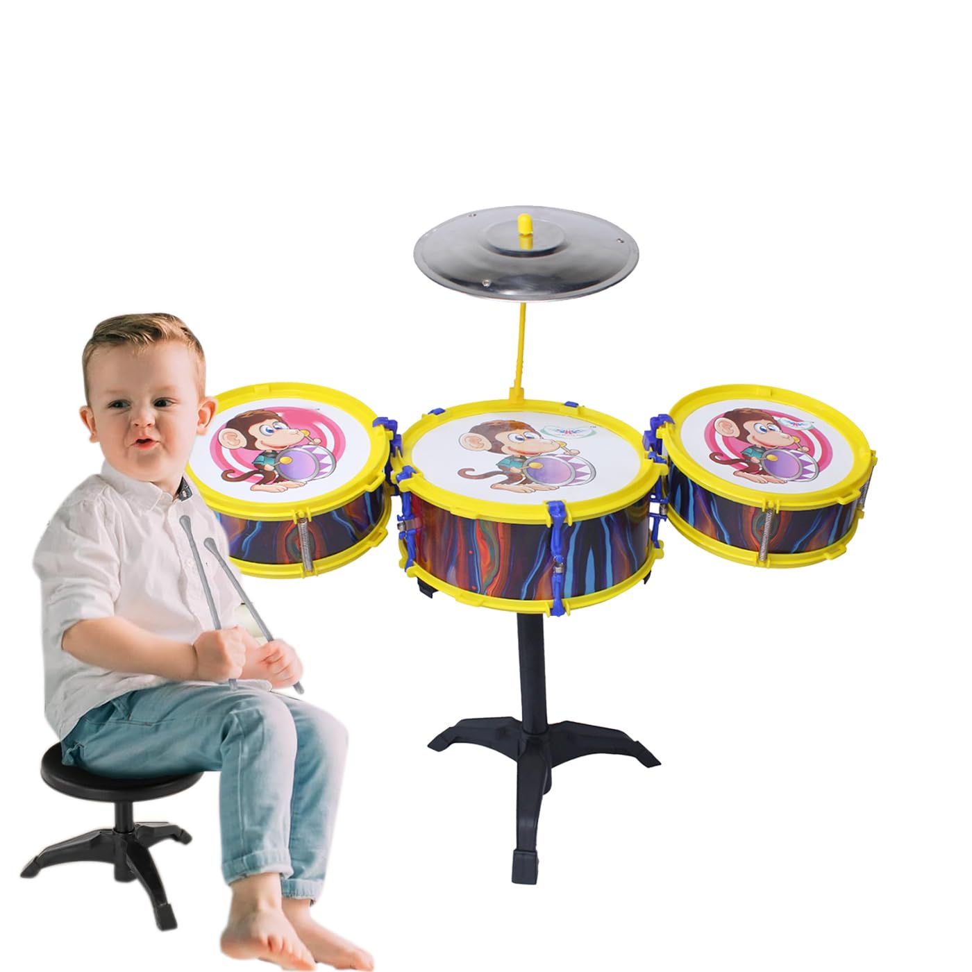 Kabello Musical Instruments Original Jazz Drum Set for Kids 1 - 5 Years Old Boys 3 Drum 1 Stand and 1 Stool and 2 Sticks (Multicolor) (B099QMG691) Amazon Price History, Amazon Price Tracker
